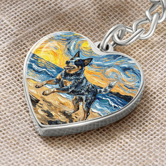 Frolicking Blue Heeler at the Beach Heart Keychain