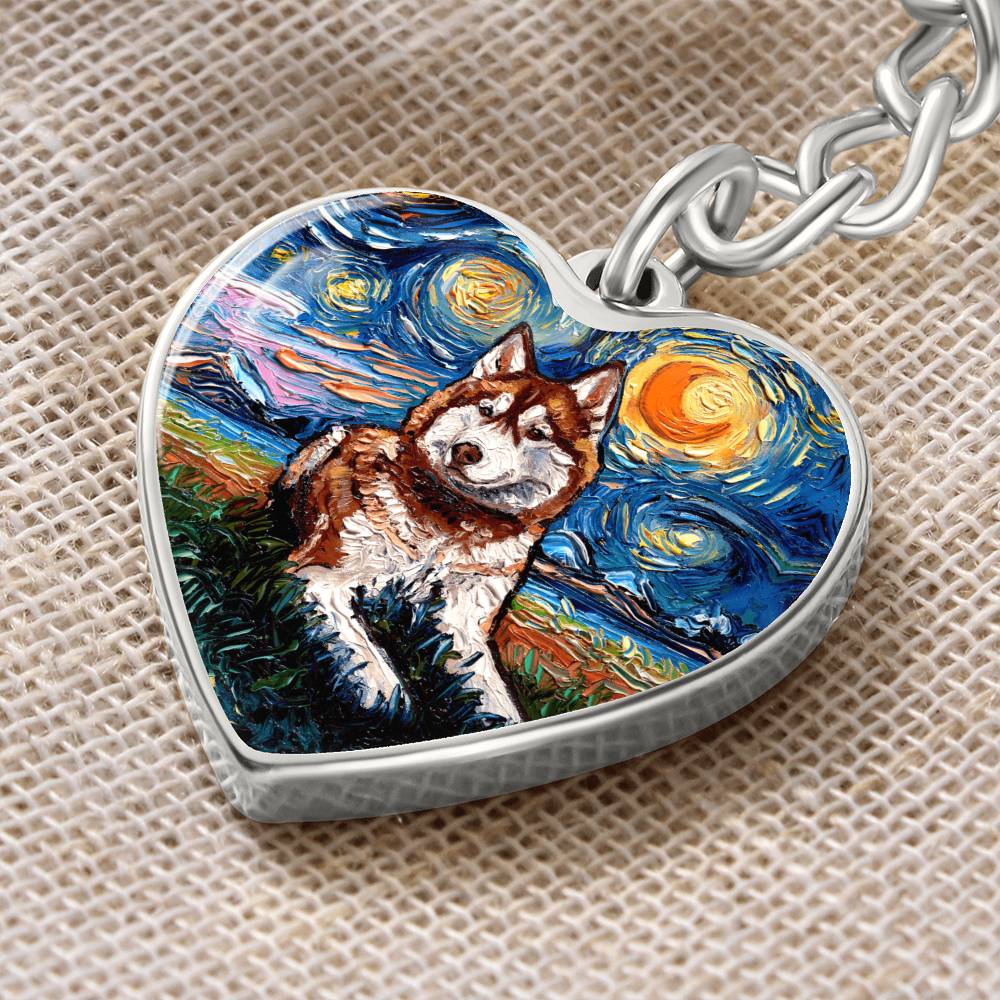 Red Husky Starry Night Heart Keychain