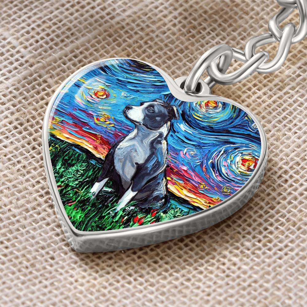 Pit Bull Starry Night Heart Keychain