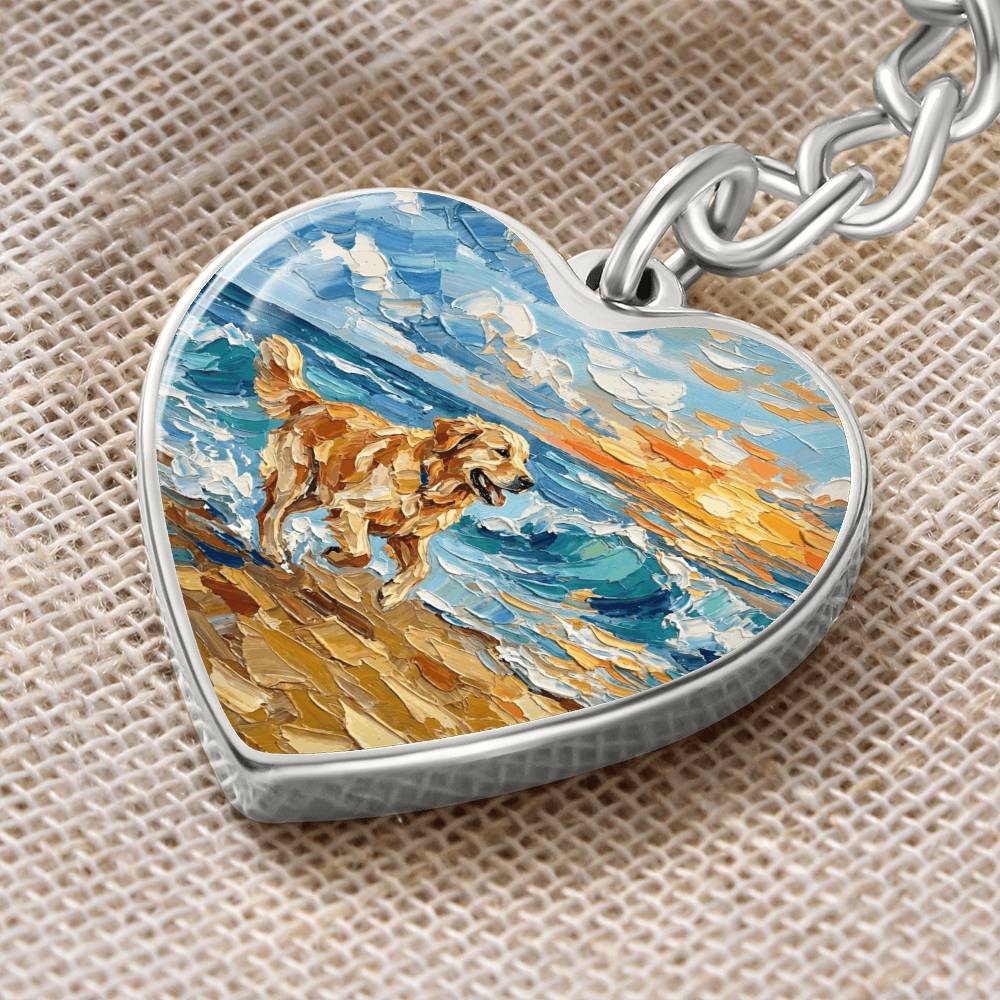 Frolicking Golden Retriever Heart Keychain