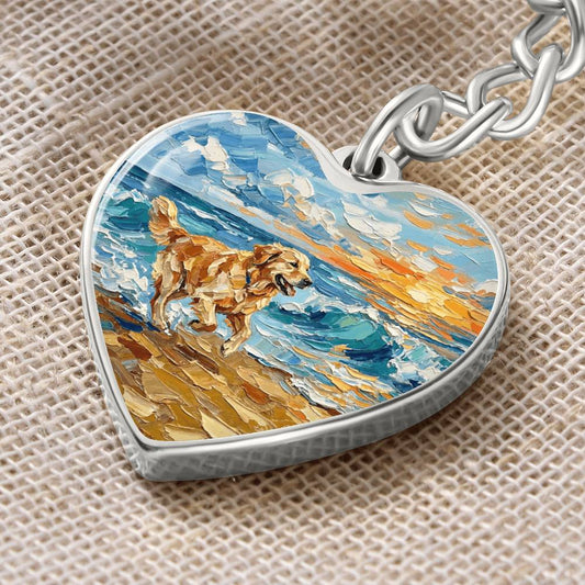 Frolicking Golden Retriever Heart Keychain