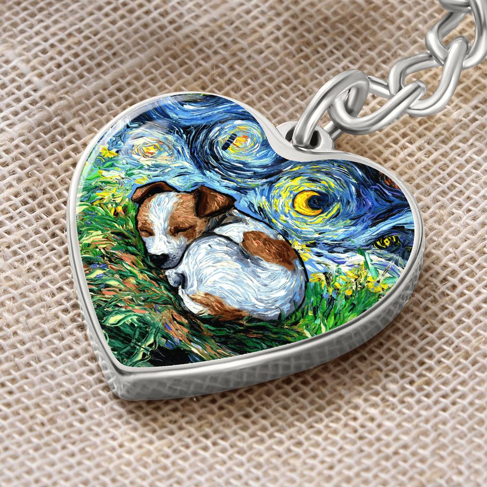 Sleeping Jack Russell Terrier Starry Night Heart Keychain