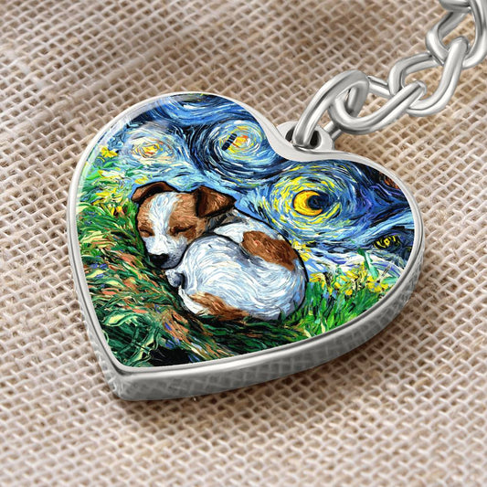 Sleeping Jack Russell Terrier Starry Night Heart Keychain