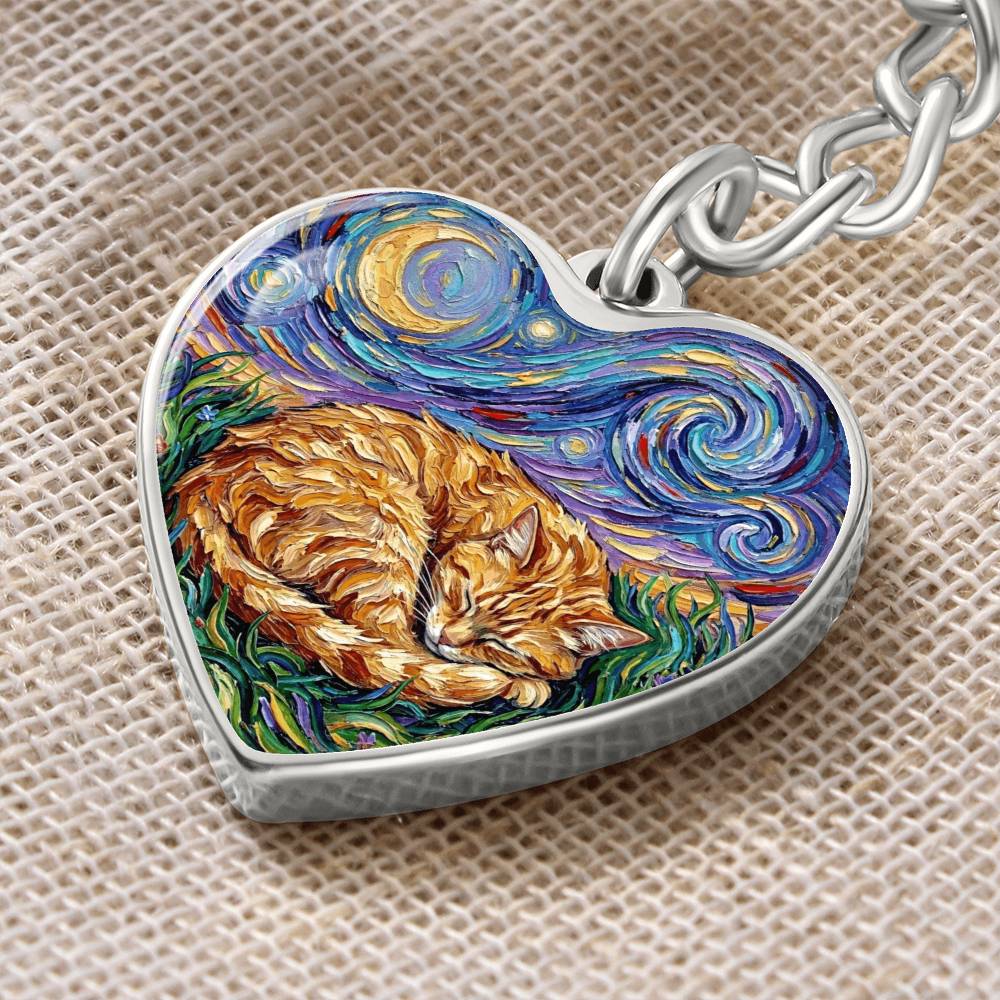 Sleepy Orange Tabby Night Heart Keychain