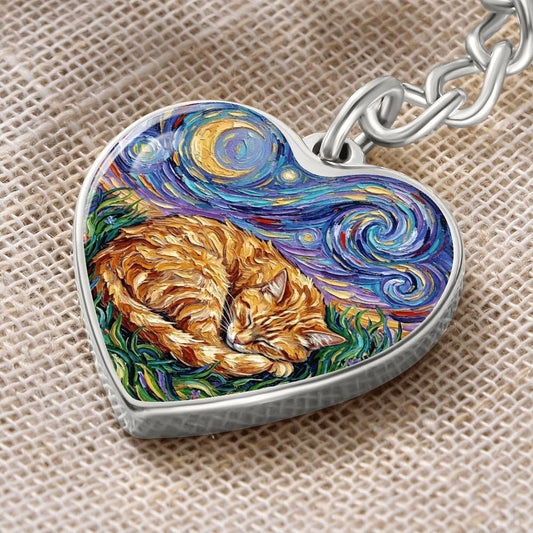 Sleepy Orange Tabby Night Heart Keychain