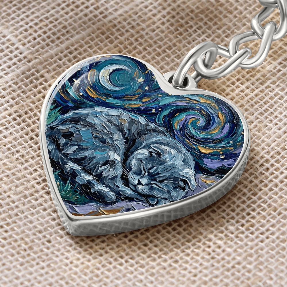 Sleepy Scottish Fold Night Heart Keychain