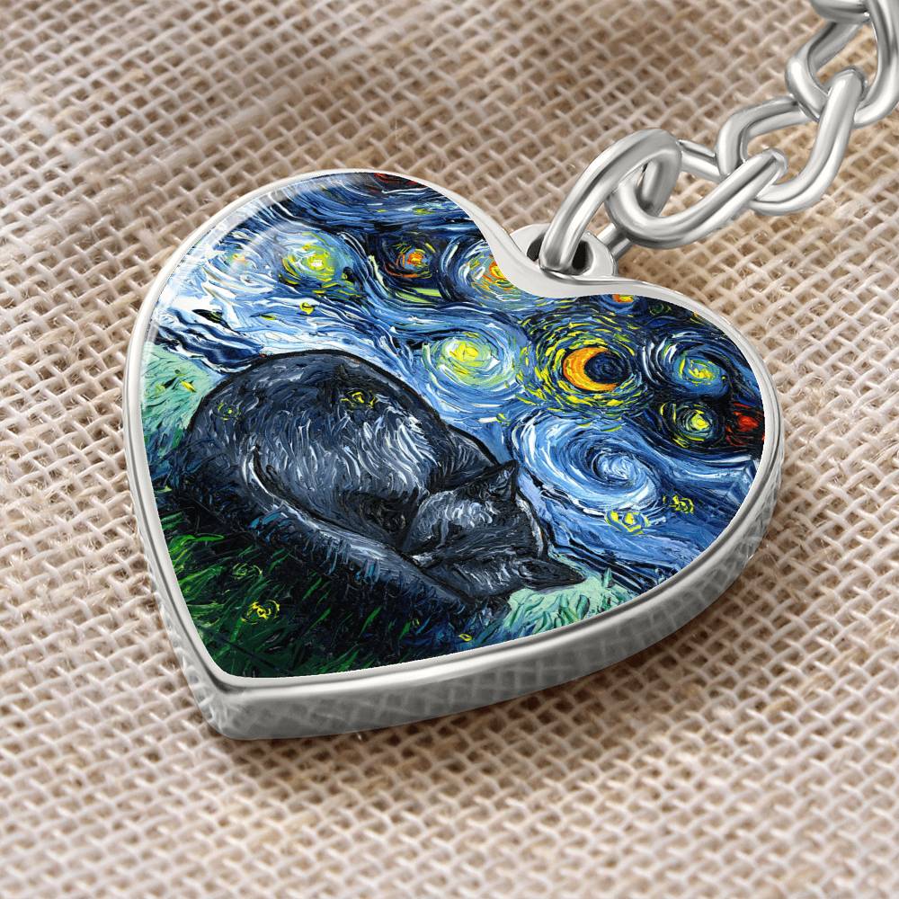 Sleeping Black Cat Starry Night Heart Keychain
