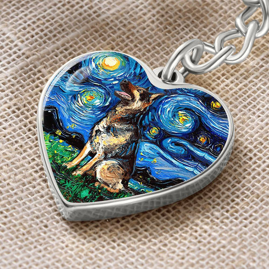 German Shepherd Starry Night Heart Keychain