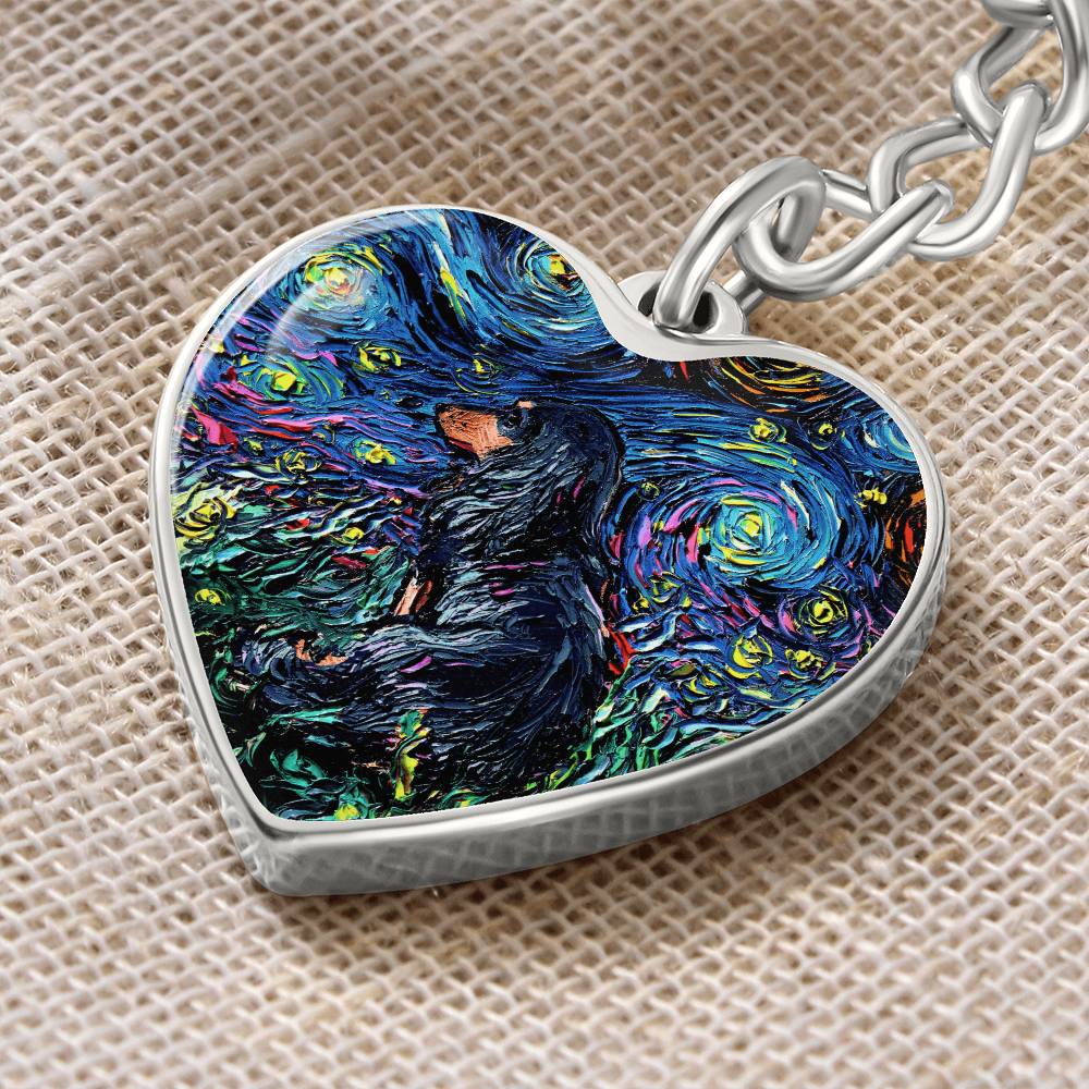Long Hair Black and Tan Dachshund Starry Night Heart Keychain