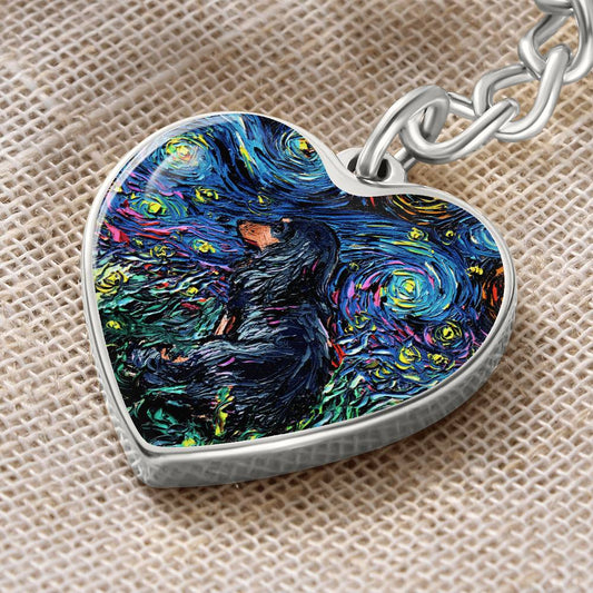 Long Hair Black and Tan Dachshund Starry Night Heart Keychain