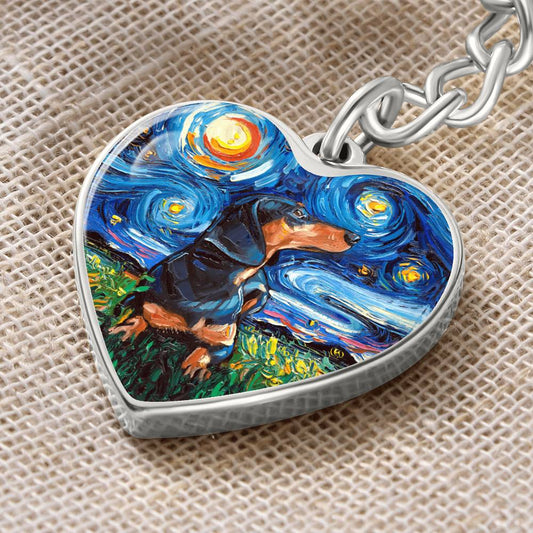 Black and Tan Dachshund Starry Night Heart Keychain