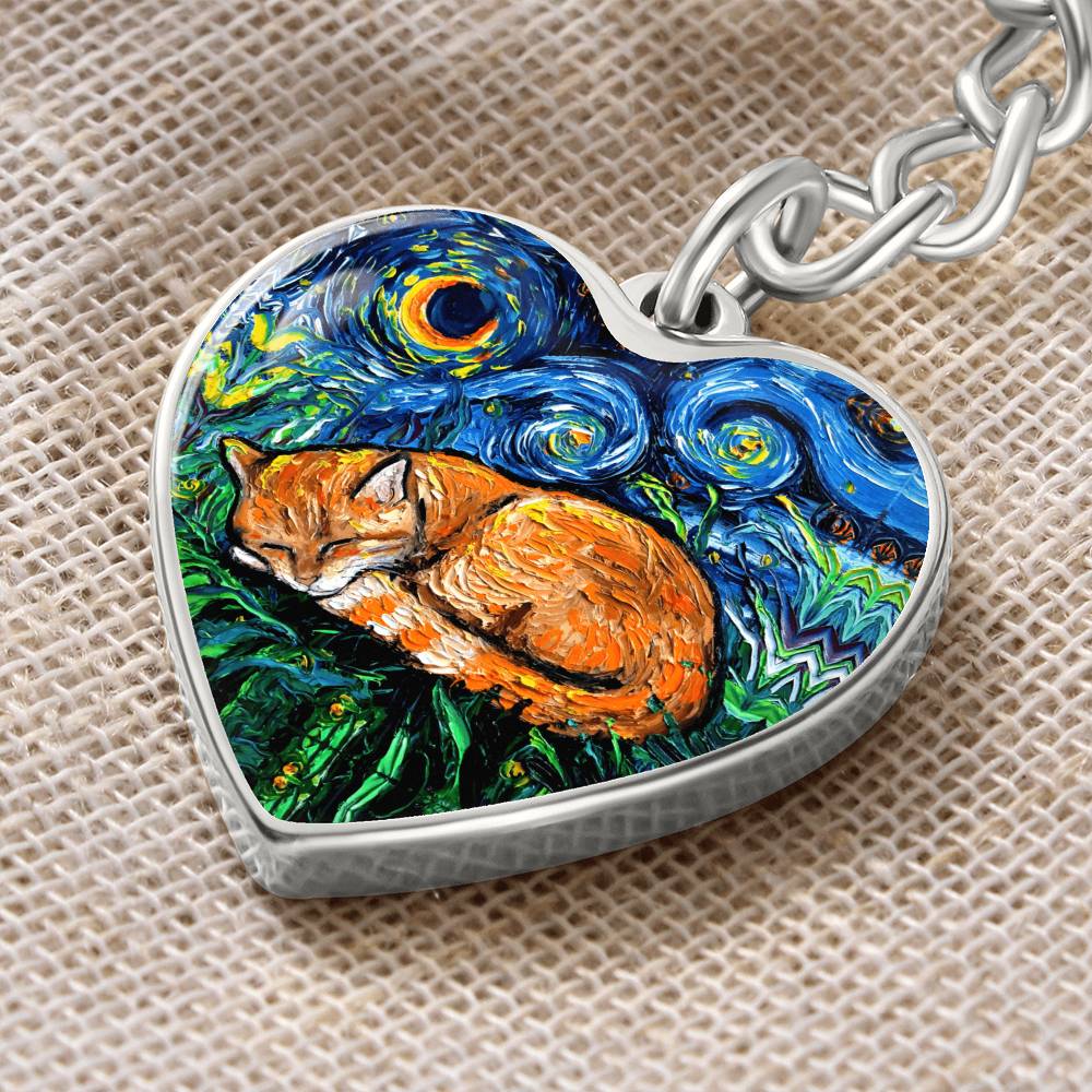 Sleeping Orange Tabby Cat Starry Night Heart Keychain