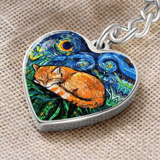 Sleeping Orange Tabby Cat Starry Night Heart Keychain