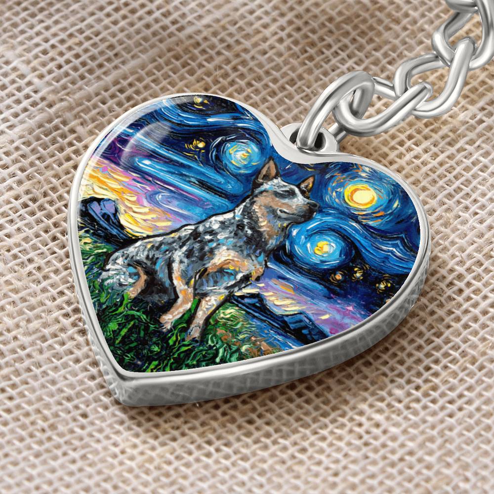 Blue Heeler Starry Night Heart Keychain