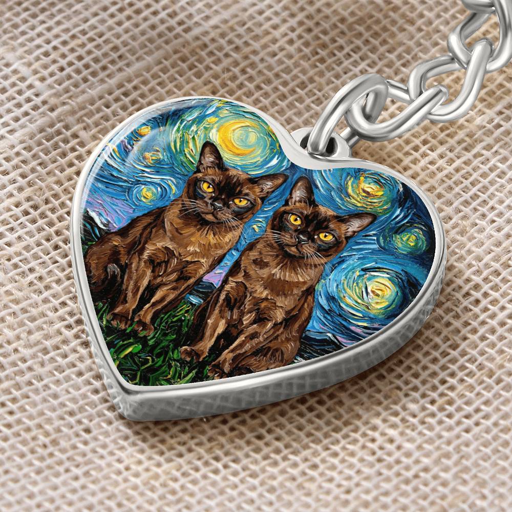 Burnese Cat Night Heart Keychain
