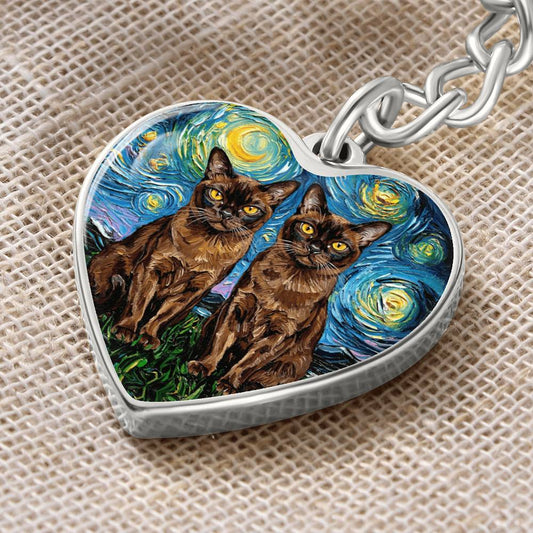 Burnese Cat Night Heart Keychain