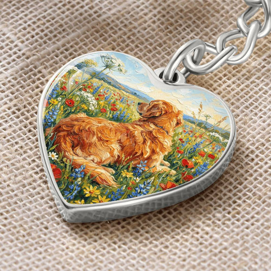Amongst The Flowers - Golden Retriever Heart Keychain