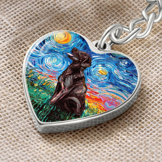 Chocolate Labrador Starry Night Heart Keychain