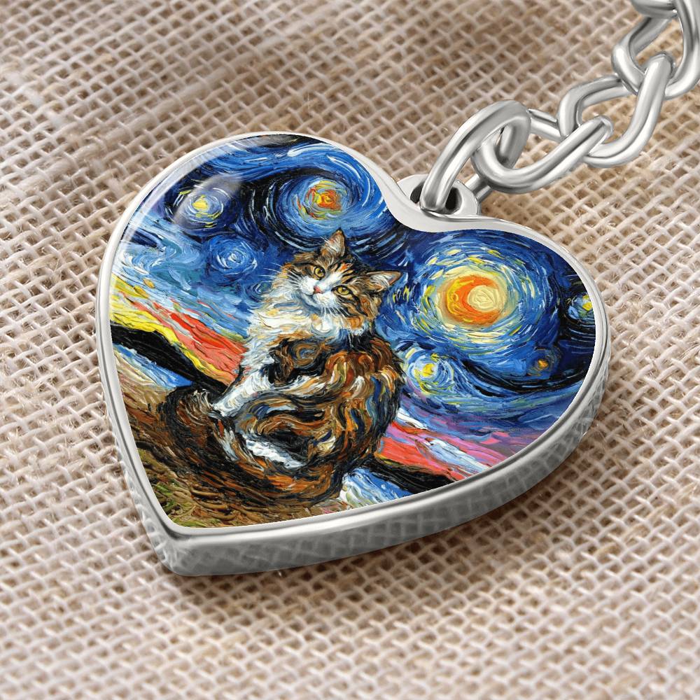 Calico Cat 2 Starry Night Heart Keychain