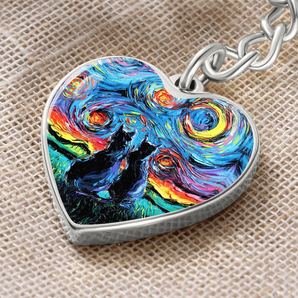 Van Gogh;s Cats Starry Night Heart Keychain