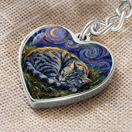 Sleepy American Shorthair Tabby Heart Keychain