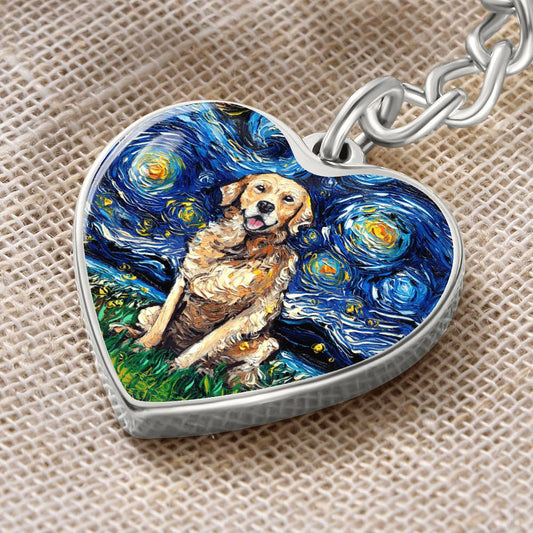 Golden Retriever Starry Night Heart Keychain