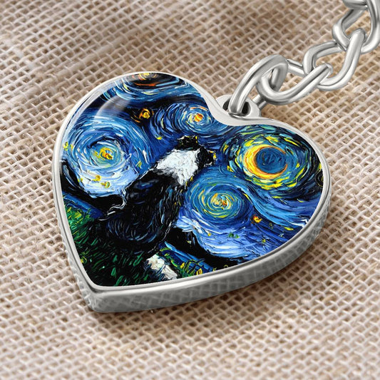 Border Collie Starry Night Heart Keychain
