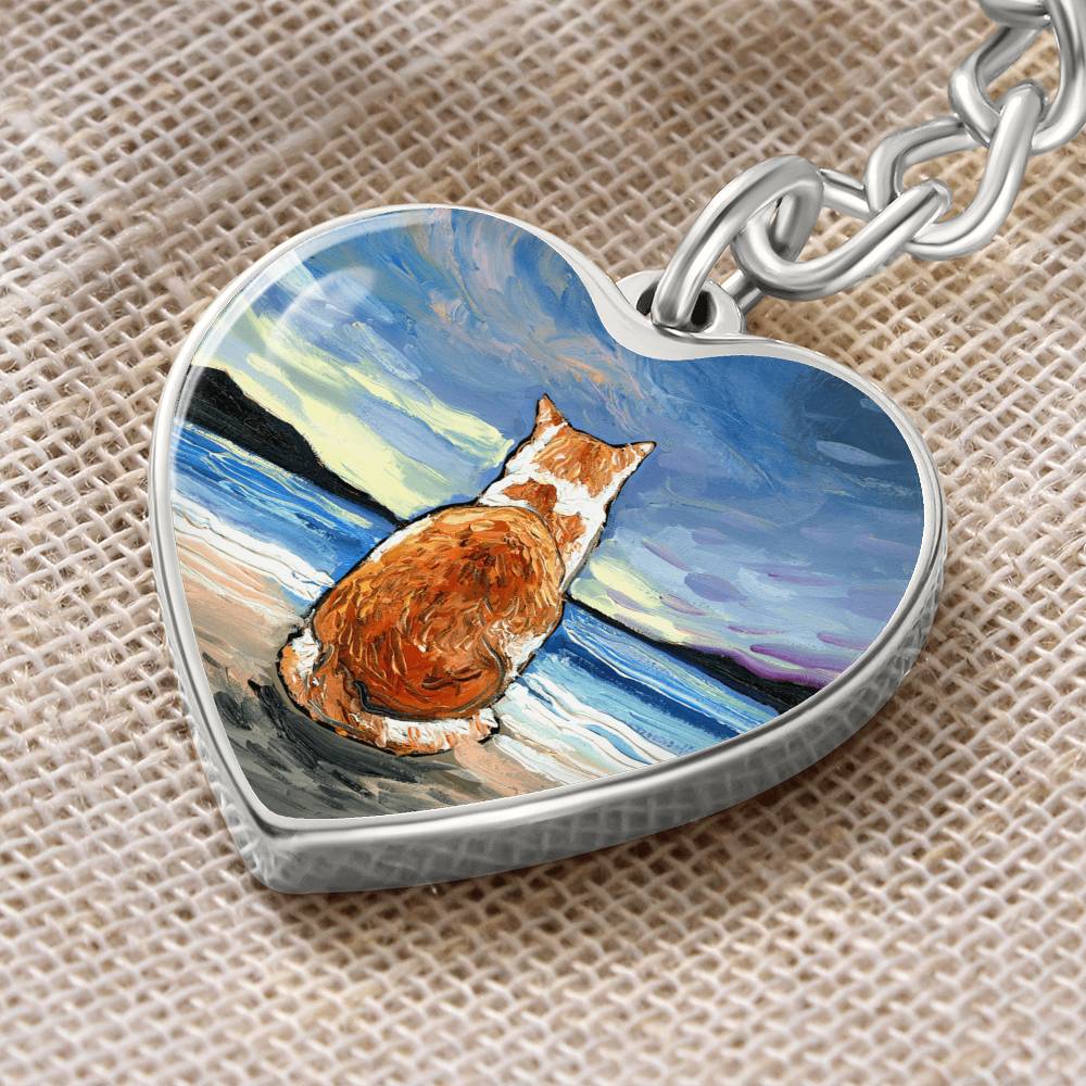 Beach Days - Orange and White Tabby Heart Keychain