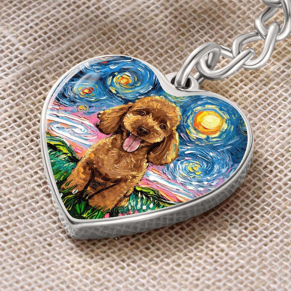 Apricot Poodle Puppy Starry Night Heart Keychain