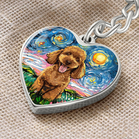 Apricot Poodle Puppy Starry Night Heart Keychain