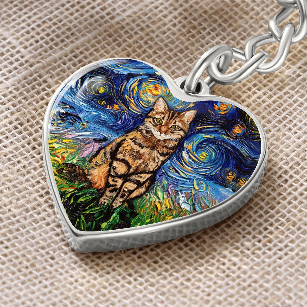 Brown Tabby Starry Night Heart Keychain