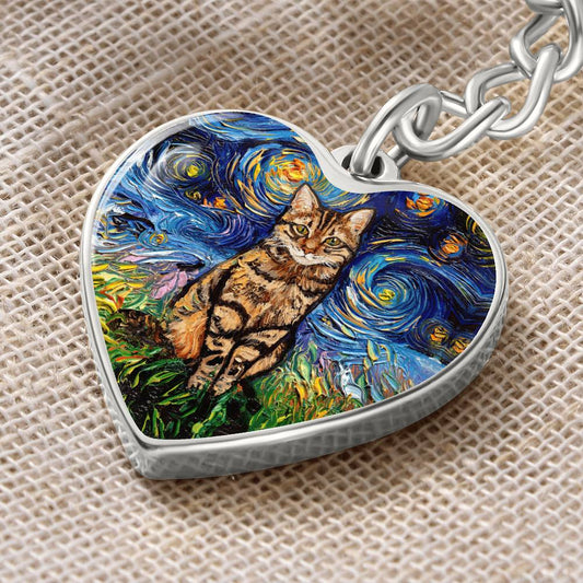 Brown Tabby Starry Night Heart Keychain
