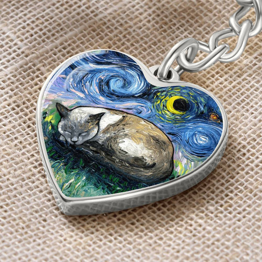 Sleeping Siamese Cat Starry Night Heart Keychain