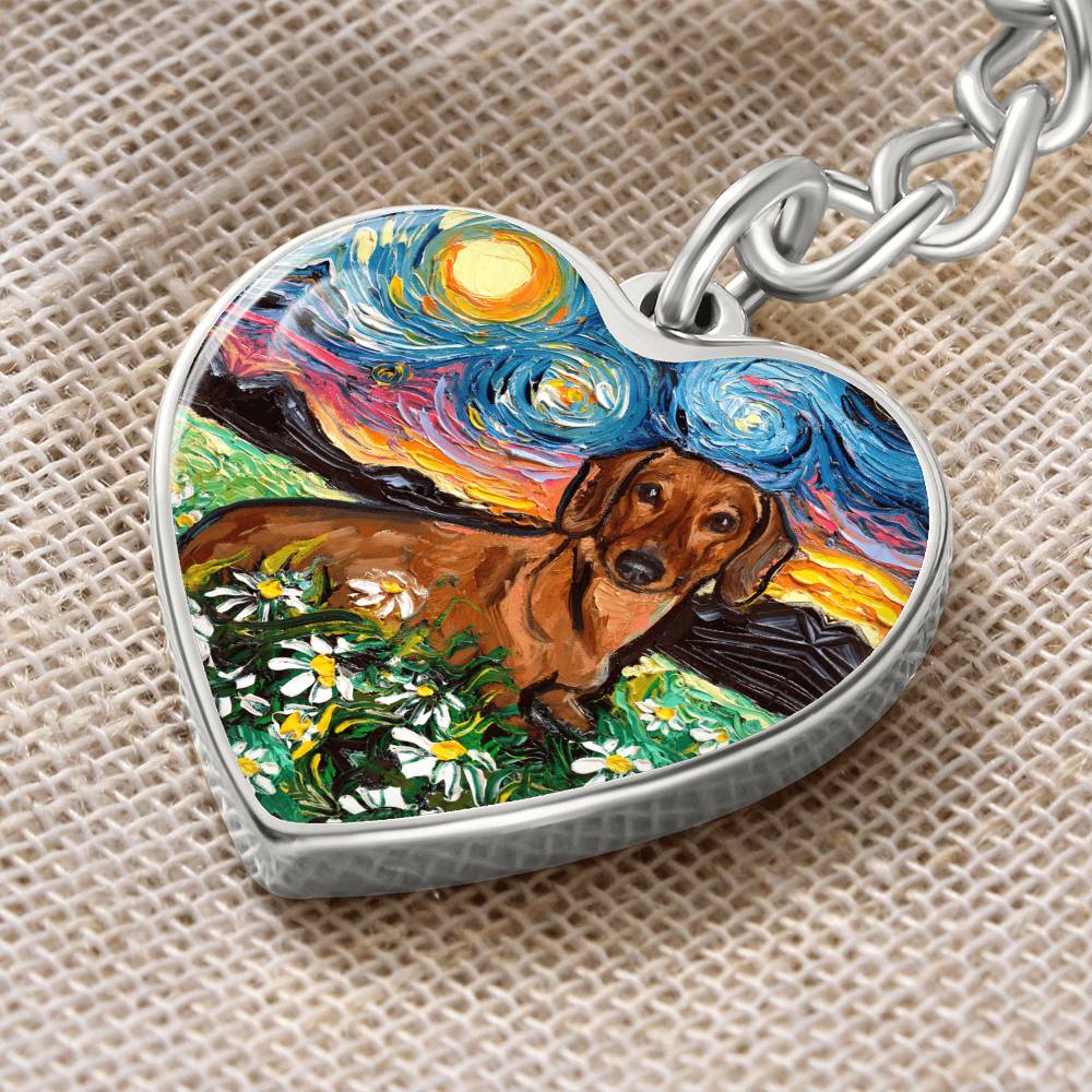 Brown Dachshund and Flowers Starry Night Heart Keychain