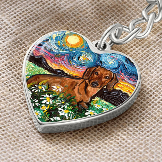 Brown Dachshund and Flowers Starry Night Heart Keychain