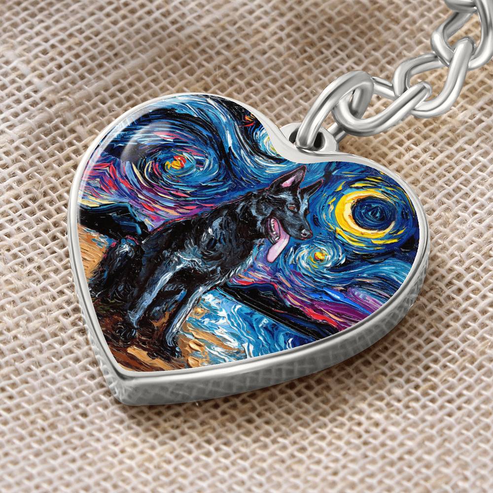 Black German Shepherd Starry Night Heart Keychain