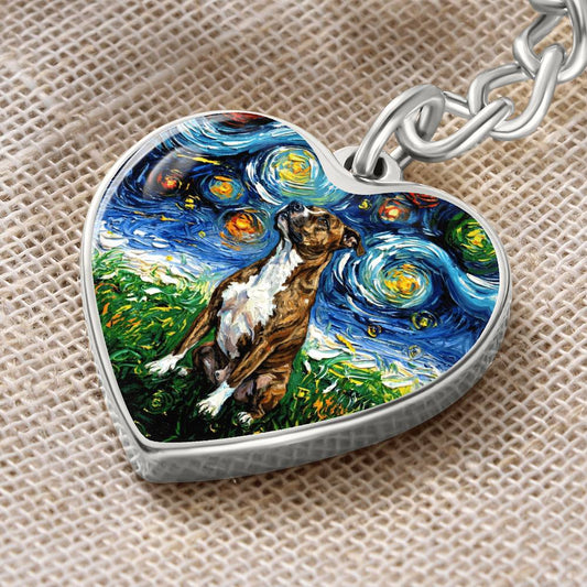 Staffordshire Bull Terrier Starry Night Heart Keychain