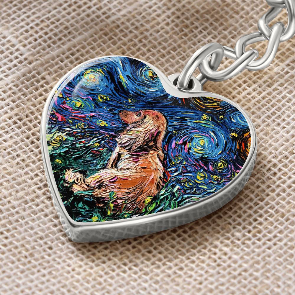 Long Hair Brown Dachshund Starry Night Heart Keychain