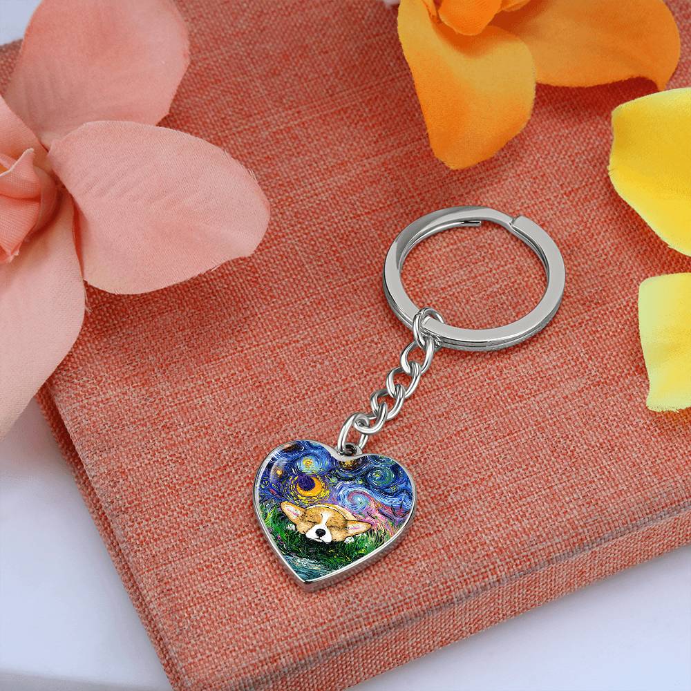 Sleeping Corgi Starry Night Heart Keychain