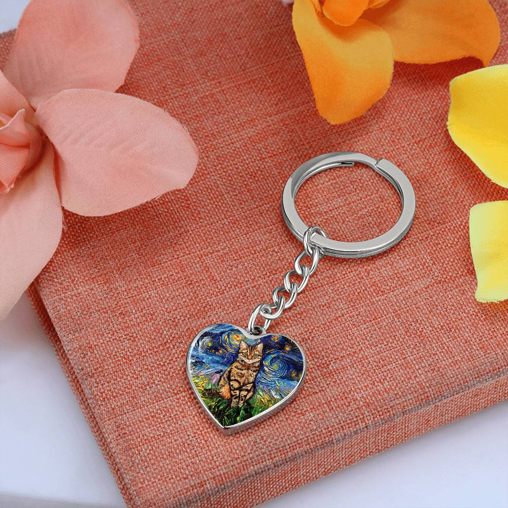 Brown Tabby Starry Night Heart Keychain