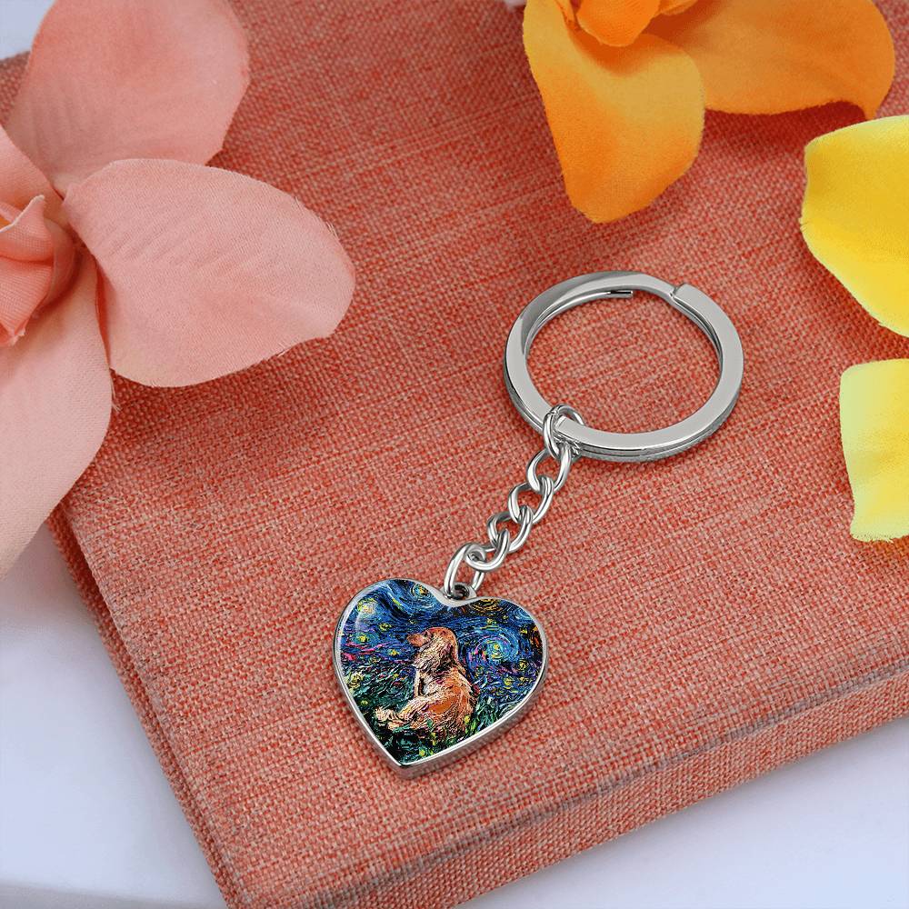 Long Hair Brown Dachshund Starry Night Heart Keychain