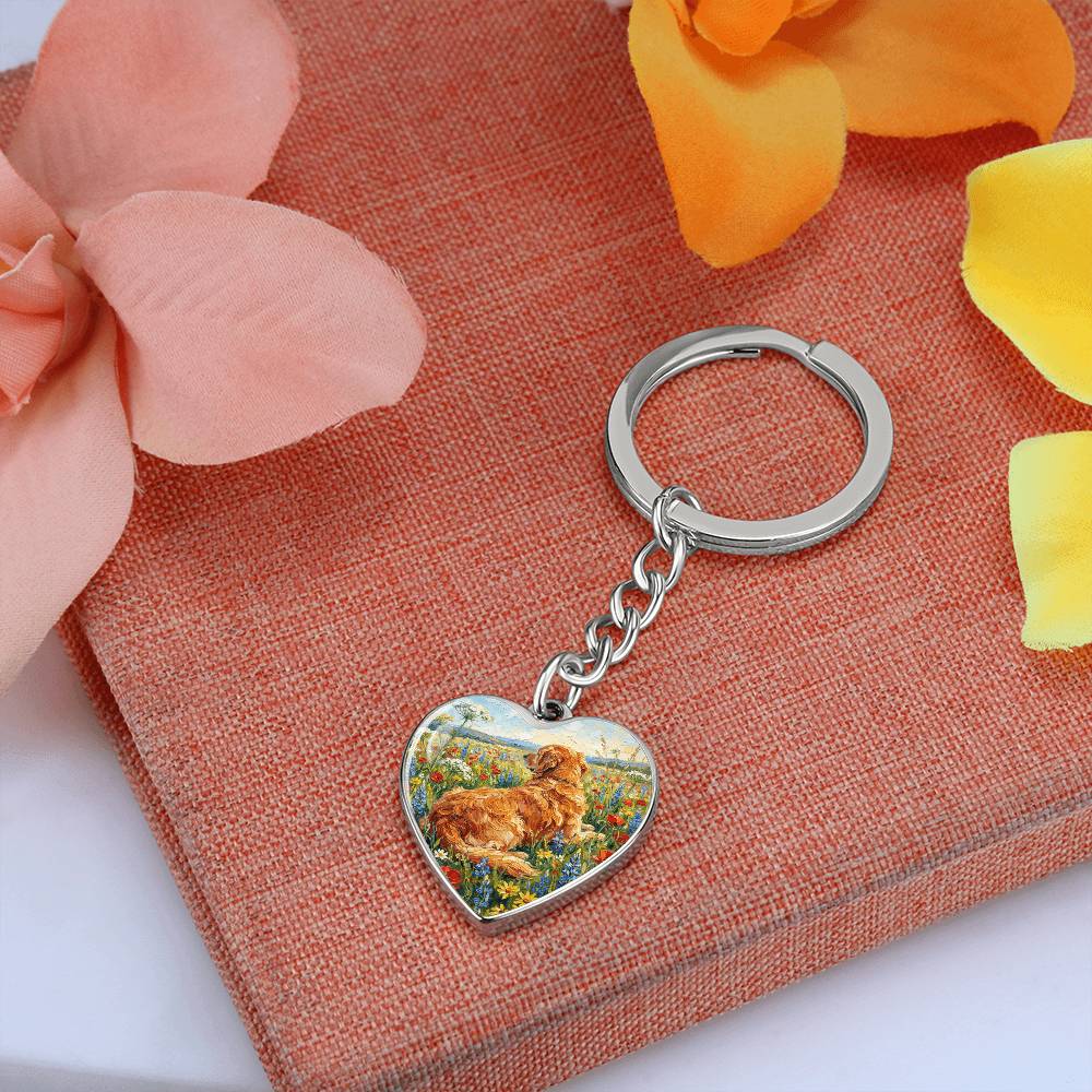 Amongst The Flowers - Golden Retriever Heart Keychain
