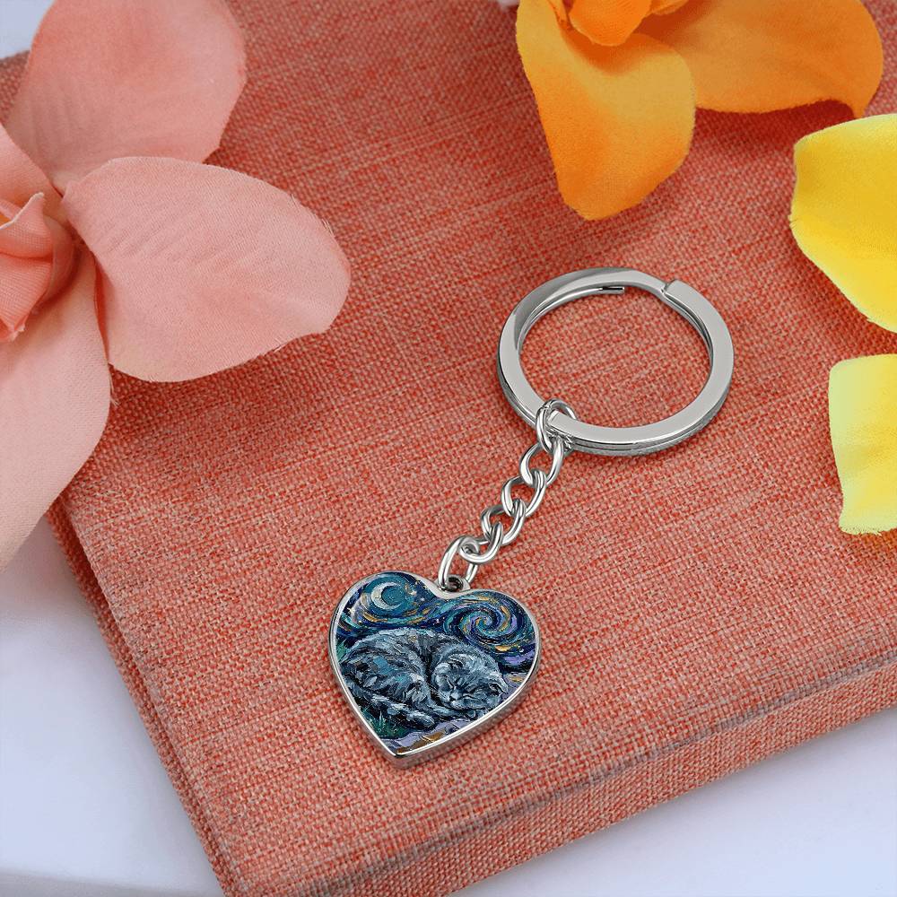 Sleepy Scottish Fold Night Heart Keychain