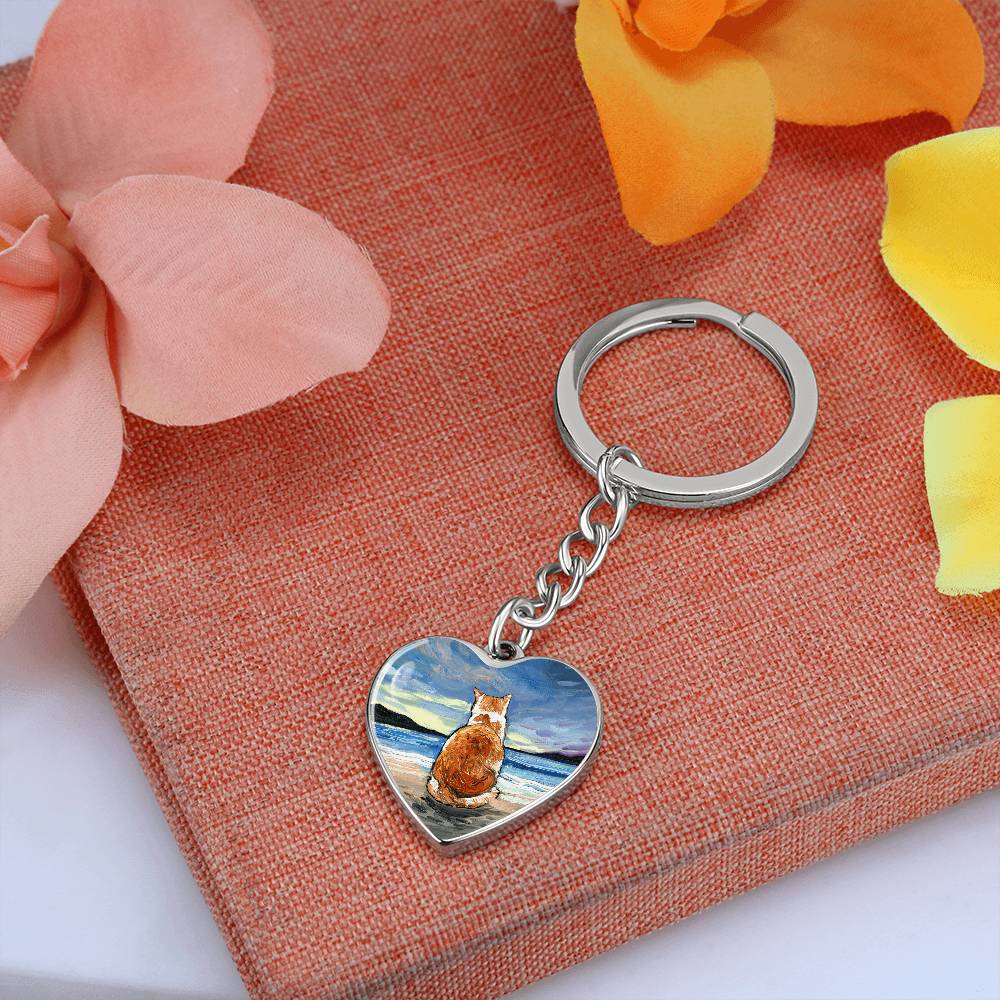 Beach Days - Orange and White Tabby Heart Keychain