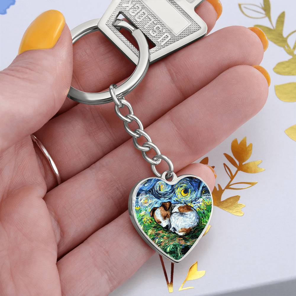 Sleeping Jack Russell Terrier Starry Night Heart Keychain