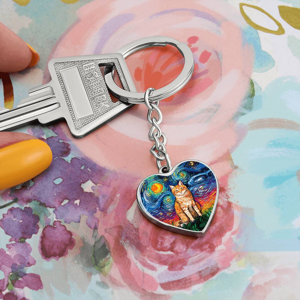 Orange Tabby Cat Starry Night Heart Keychain