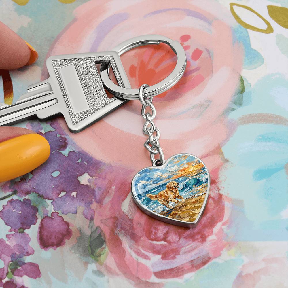 Frolicking Golden Retriever Heart Keychain