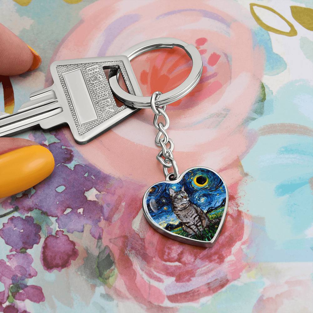 Tabby Cat Starry Night Heart Keychain