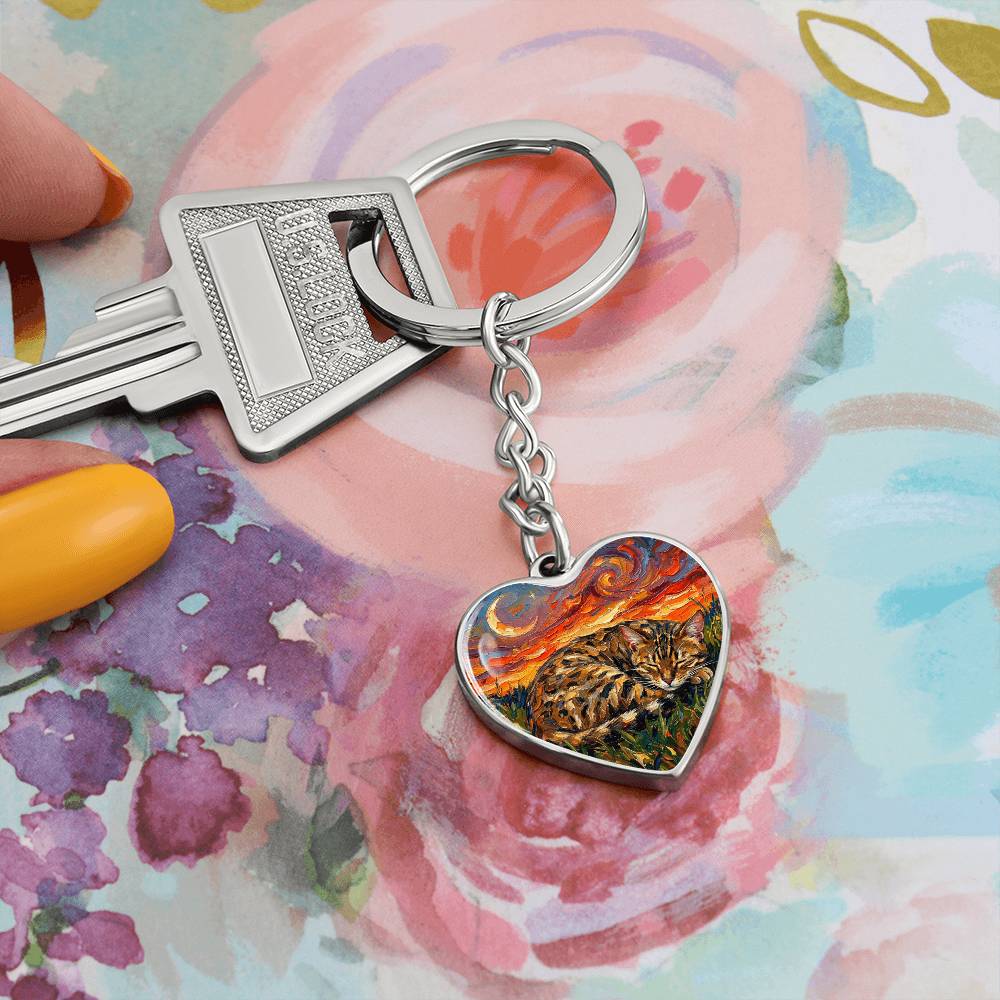 Sleepy Egyptian Mau Night Heart Keychain