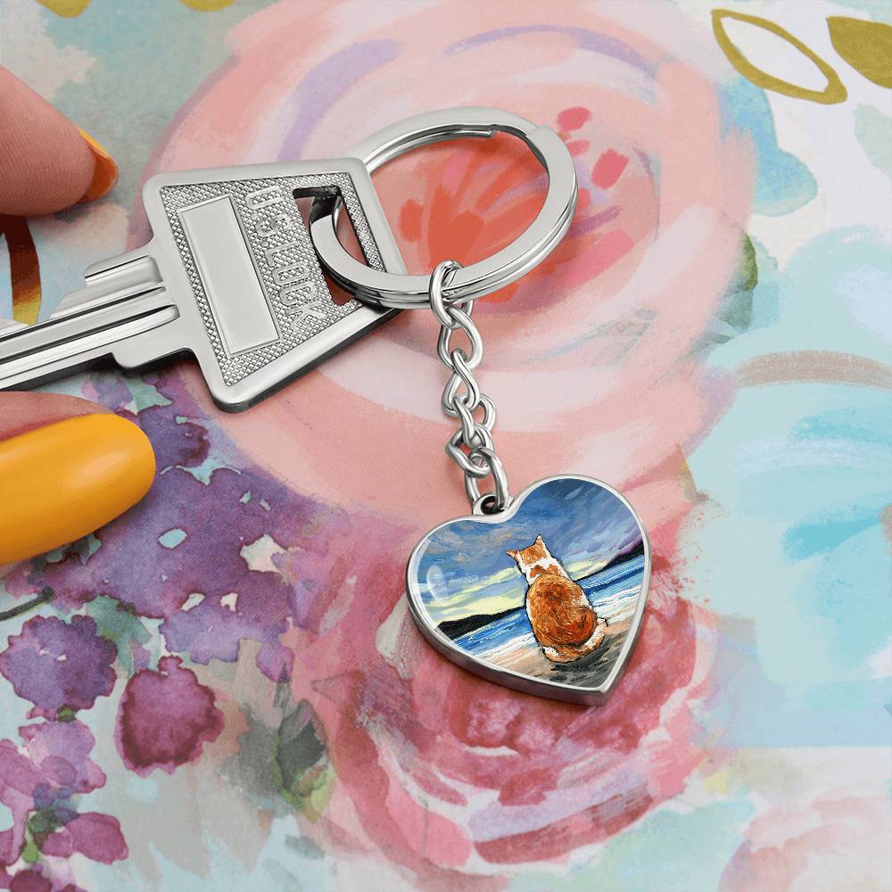 Beach Days - Orange and White Tabby Heart Keychain
